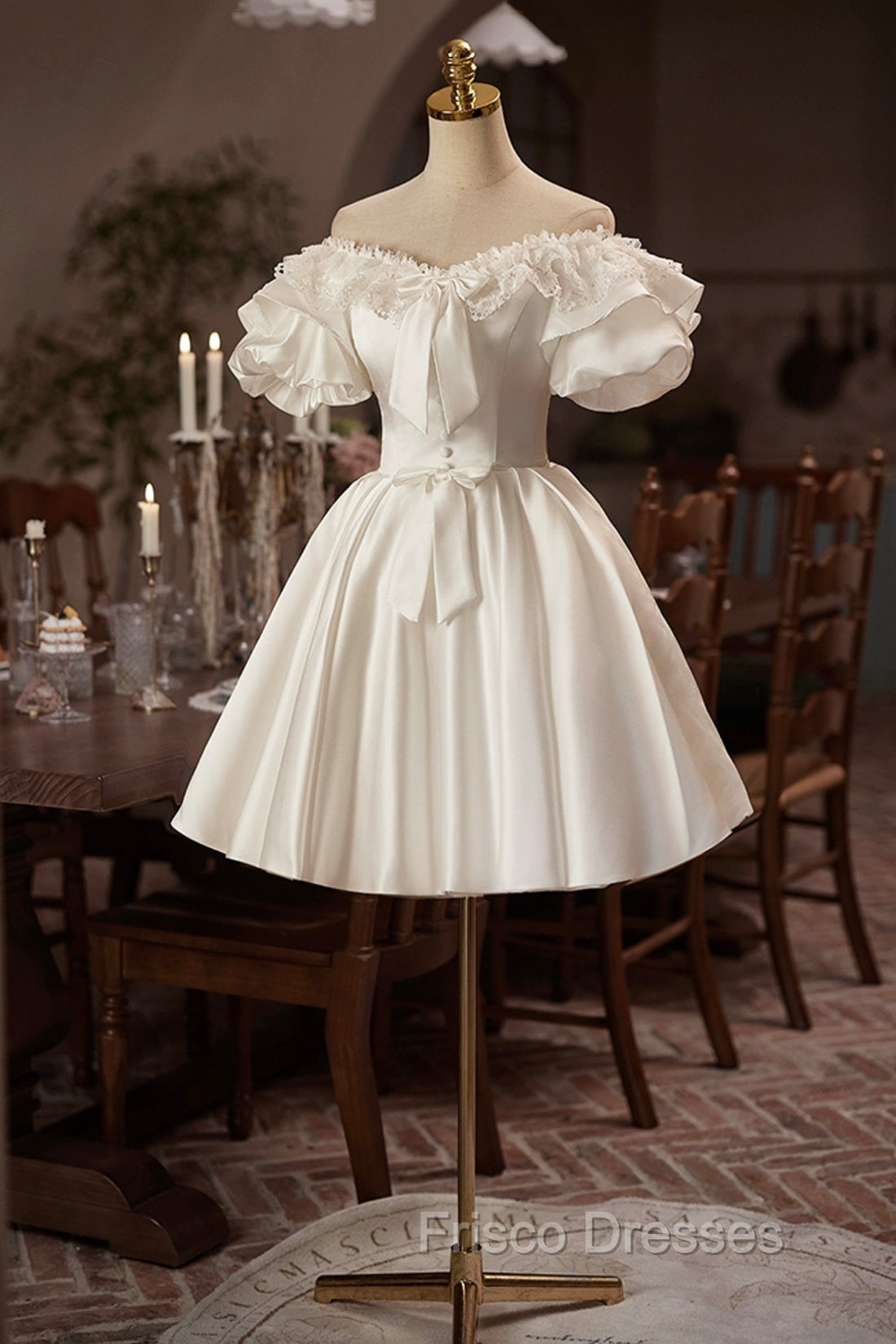 White Off The Shoulder Lace Short Formal Prom Dress, A-Line Satin Knee Length Party Dress
