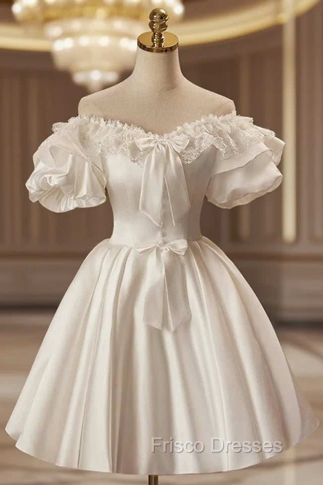 White Off The Shoulder Lace Short Formal Prom Dress, A-Line Satin Knee Length Party Dress Main image