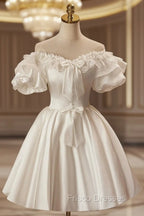 White Off The Shoulder Lace Short Formal Prom Dress, A-Line Satin Knee Length Party Dress
