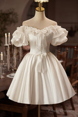 White Off The Shoulder Lace Short Prom Dress, A-Line Satin Knee Length Party Dress