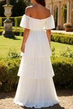 White Off the Shoulder Ruffle Chiffon A Line Wedding Dress