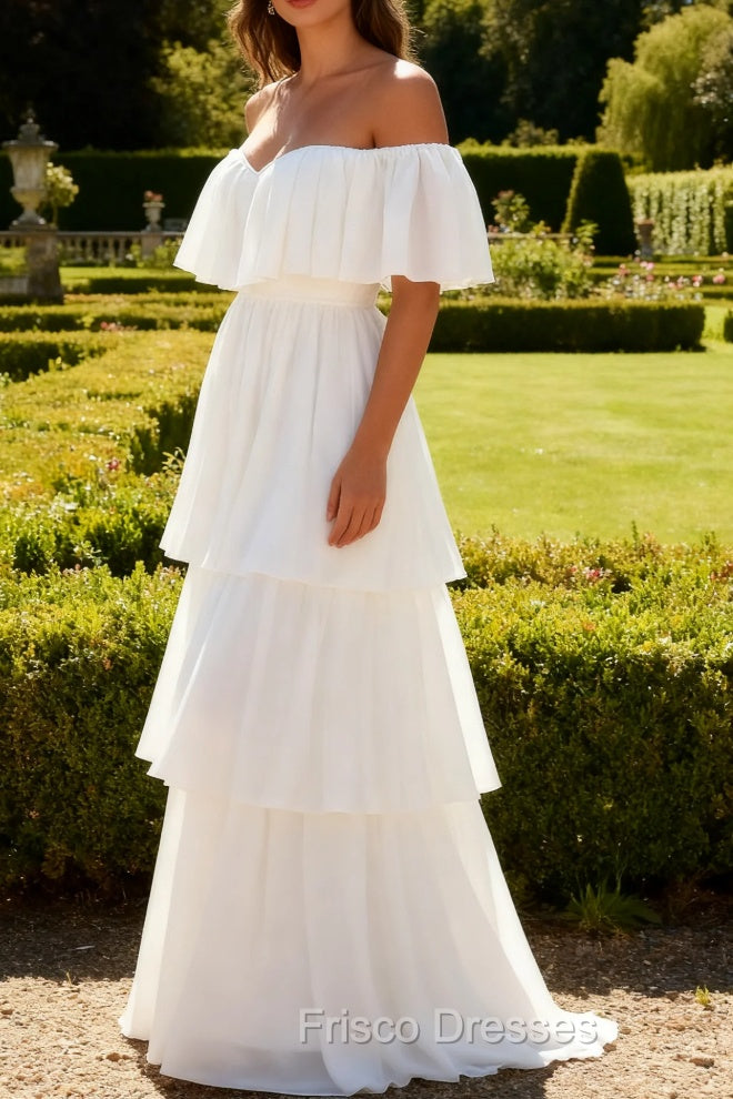 White Off the Shoulder Ruffle Chiffon A Line Wedding Dress