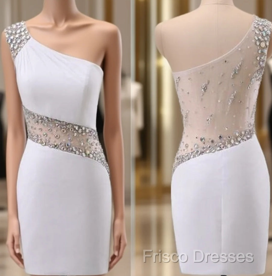 White One Shoulder Sexy Backless Mini Party Dress Beaded Homecoming Dress Main image