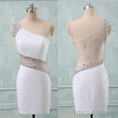 White One Shoulder Sexy Backless Mini Party Dress Beaded Homecoming Dress
