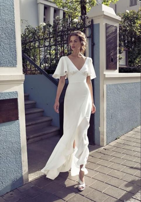 White Party Dress Half Sleeve Evening Dress V Neck Prom Dress Main image