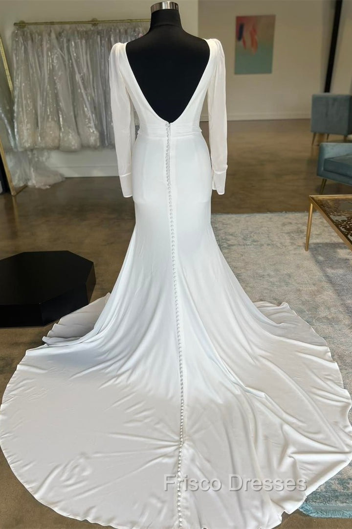 White Plunge V Open Back Long Wedding Dress With Long Sleeves Sexy Secondary image