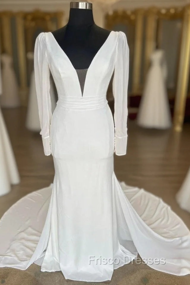 White Plunge V Open Back Long Wedding Dress With Long Sleeves Sexy Main image