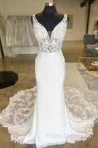 White Plunge V Strapless Lace Mermaid Long Bridal Gown Wedding Dress