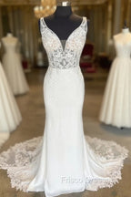 White Plunge V Strapless Lace Mermaid Long Bridal Gown Wedding Dress