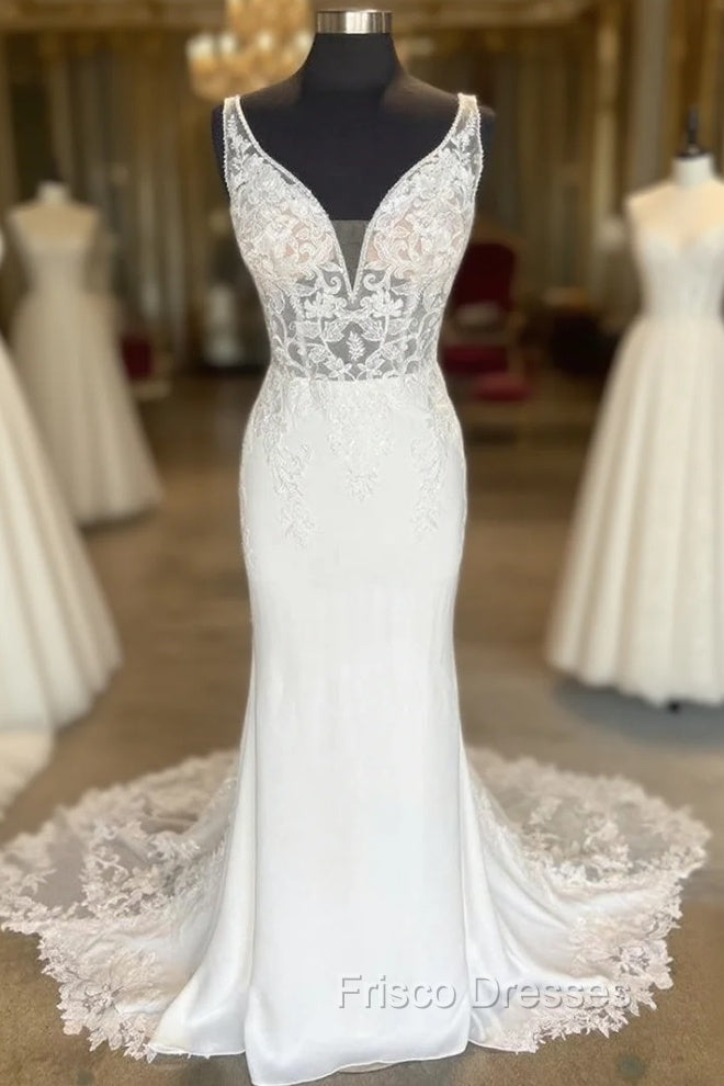 White Plunge V Strapless Lace Mermaid Long Bridal Gown Wedding Dress