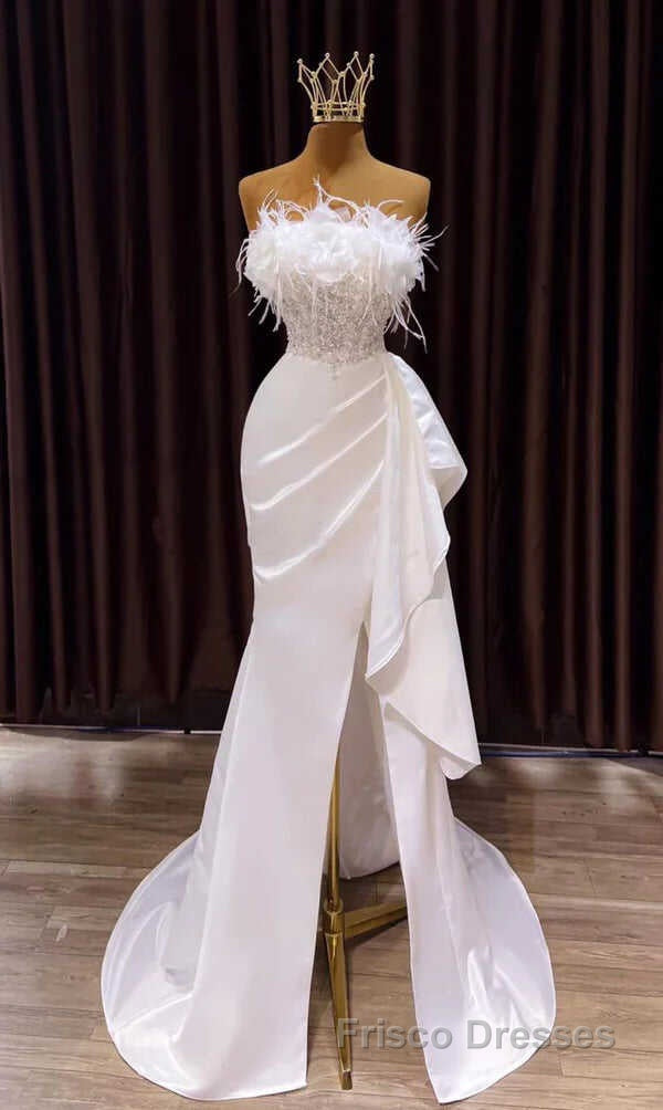 White Formal Prom Dresses, Vintage Mermaid Long Slit White Wedding Dresses Secondary image