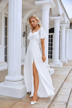 White Prom Dresses Boat Neck Chiffon Bell Sleeves A Line Slit Sequin Floor Length Fromal Bridesmaid Dresses