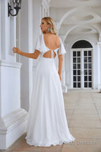 White Prom Dresses Boat Neck Chiffon Bell Sleeves A Line Slit Sequin Floor Length Fromal Bridesmaid Dresses