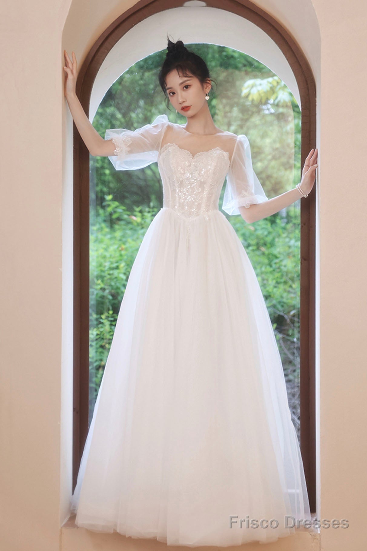 White Puff Sleeves Tulle Party Dress, A-Line Lace Scoop Neckline Evening Dress Main image