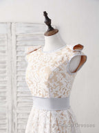 White Round Neck Lace High Low Prom Dress White Bridesmaid Dress