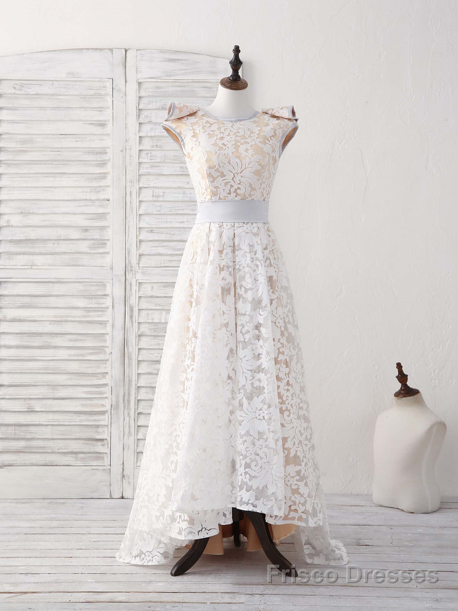 White Round Neck Lace High Low Prom Dress White Bridesmaid Dress Secondary image