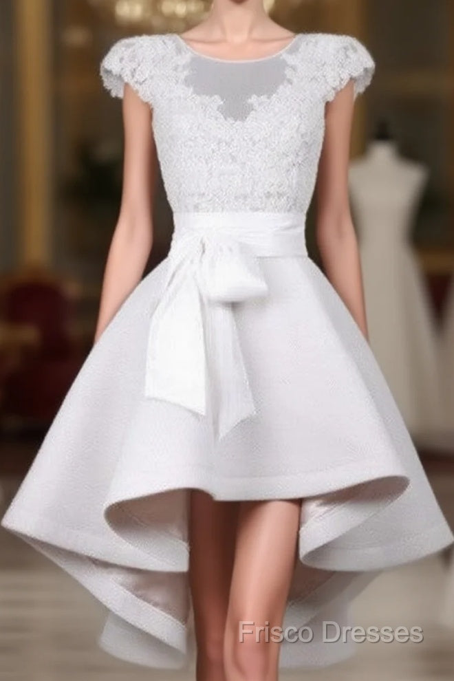 White Round Neck Lace Short Formal Prom Dress, Lace Dress Main image