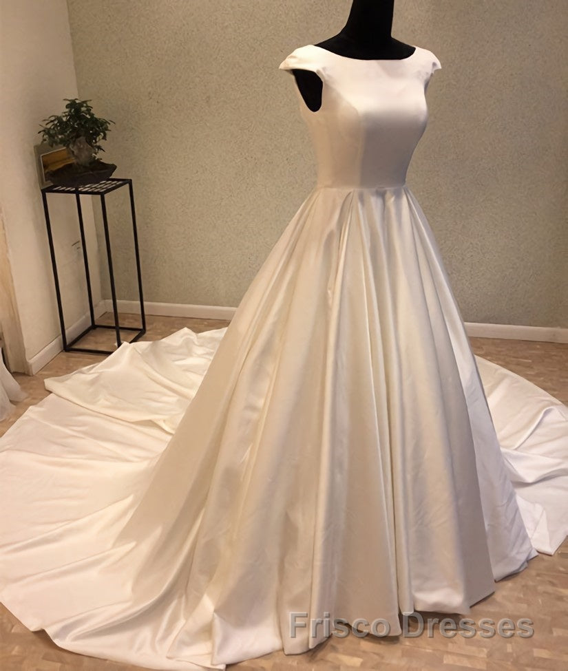 White round neck satin long Formal Prom gown, evening Dresses