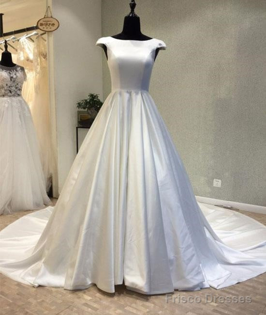 White Round Neck Satin Long Wedding Dress Main image