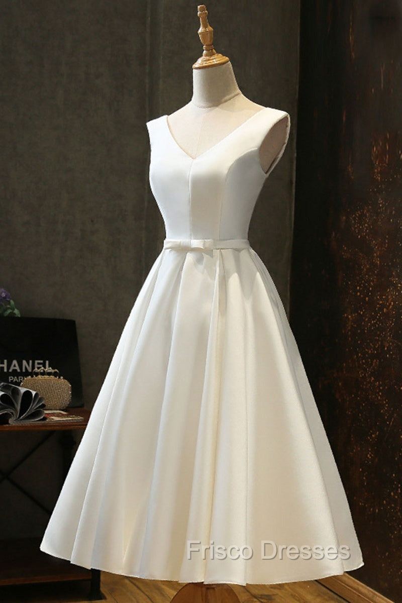 White Round Neck Satin Short Formal Prom Dress White Homecoming Dress