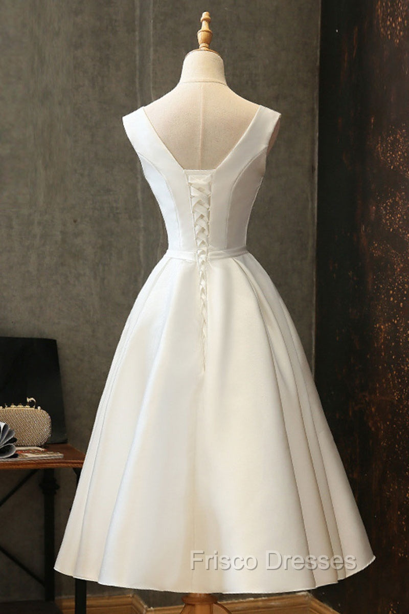 White Round Neck Satin Short Formal Prom Dress White Homecoming Dress