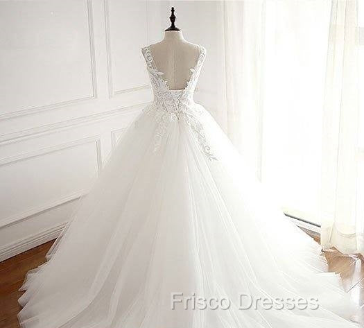 White Round Neck Tulle Lace Applique Long Wedding Dress, White Evening Dress Secondary image
