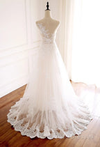 White Round Neck Tulle Lace Long Formal Prom Dress White Tulle Wedding Dress