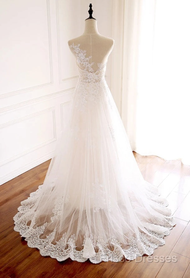 White Round Neck Tulle Lace Long Formal Prom Dress White Tulle Wedding Dress