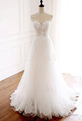 White Round Neck Tulle Lace Long Prom Dress White Tulle Wedding Dress