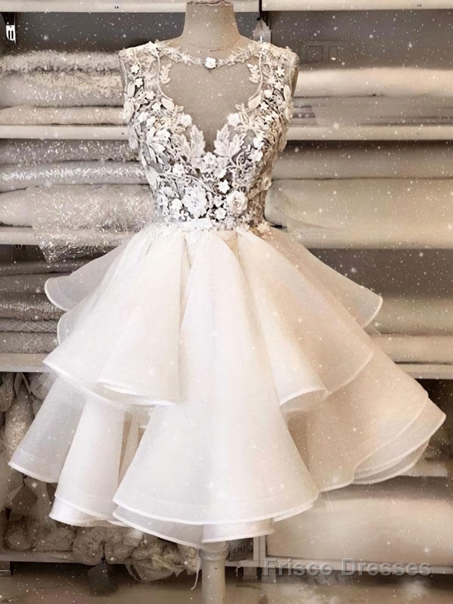 White round neck tulle lace short prom dress, white homecoming dress Main image