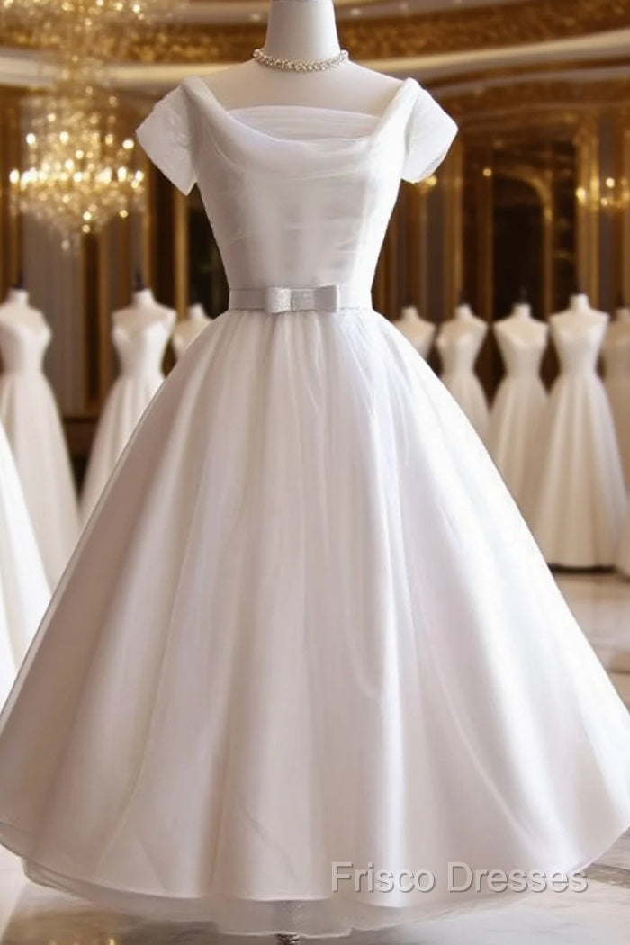 White Round Neck Tulle Retro Short Formal Prom Dress, Bridesmaid Dress Main image