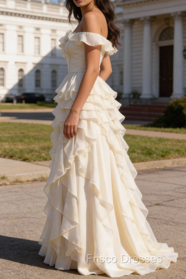 White Ruffled A-Line Square Neck Long Prom Dress