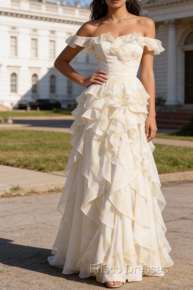 White Ruffled A-Line Square Neck Long Prom Dress Main image