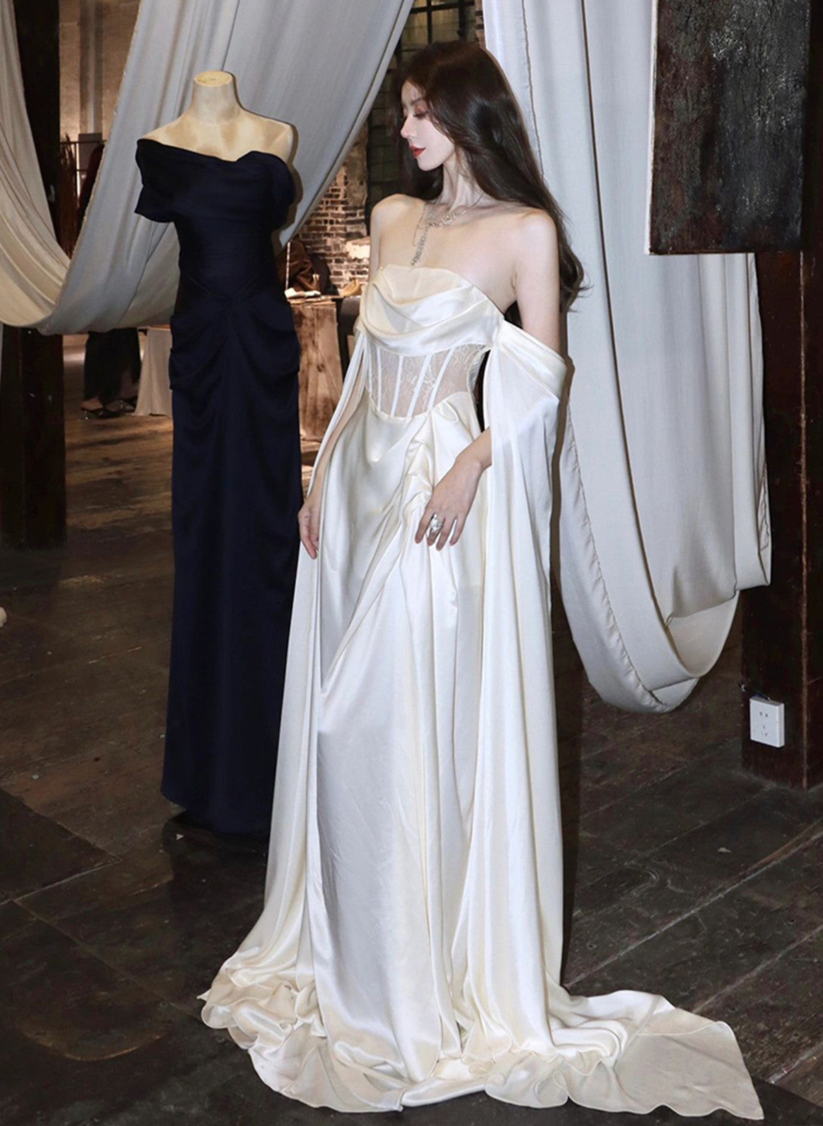 White Satin A-Line Long Scoop Long Evening Dress, White Satin Prom Dress