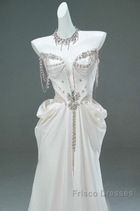 White Satin A-Line Sweetheart Beaded Long Formal Prom Dress, Elegant Adult Ceremony Graduation Formal Prom Dress Secondary image