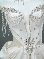White Satin A-Line Sweetheart Beaded Long Formal Prom Dress, Elegant Adult Ceremony Graduation Formal Prom Dress