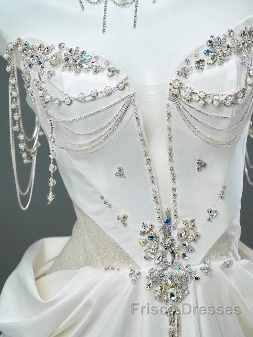 White Satin A-Line Sweetheart Beaded Long Formal Prom Dress, Elegant Adult Ceremony Graduation Formal Prom Dress