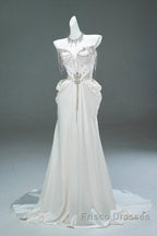 White Satin A-Line Sweetheart Beaded Long Formal Prom Dress, Elegant Adult Ceremony Graduation Formal Prom Dress