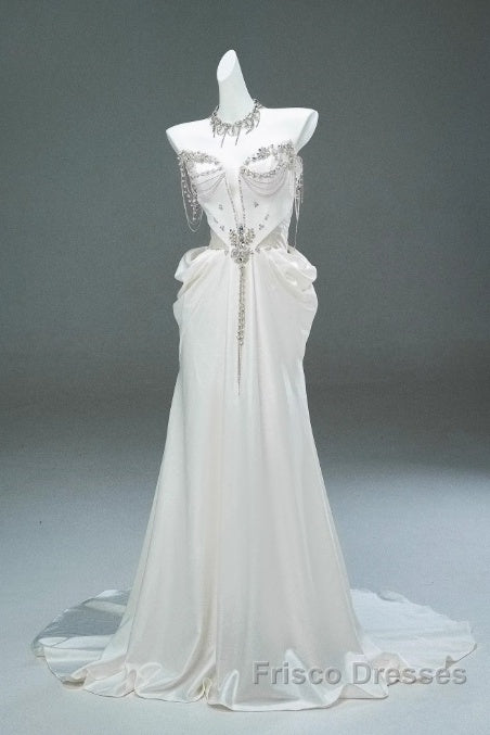 White Satin A-Line Sweetheart Beaded Long Formal Prom Dress, Elegant Adult Ceremony Graduation Formal Prom Dress