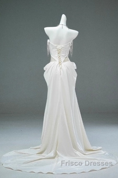White Satin A-Line Sweetheart Beaded Long Formal Prom Dress, Elegant Adult Ceremony Graduation Formal Prom Dress