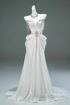 White Satin A-Line Sweetheart Beaded Long Formal Prom Dress, Elegant Adult Ceremony Graduation Formal Prom Dress