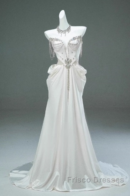White Satin A-Line Sweetheart Beaded Long Formal Prom Dress, Elegant Adult Ceremony Graduation Formal Prom Dress