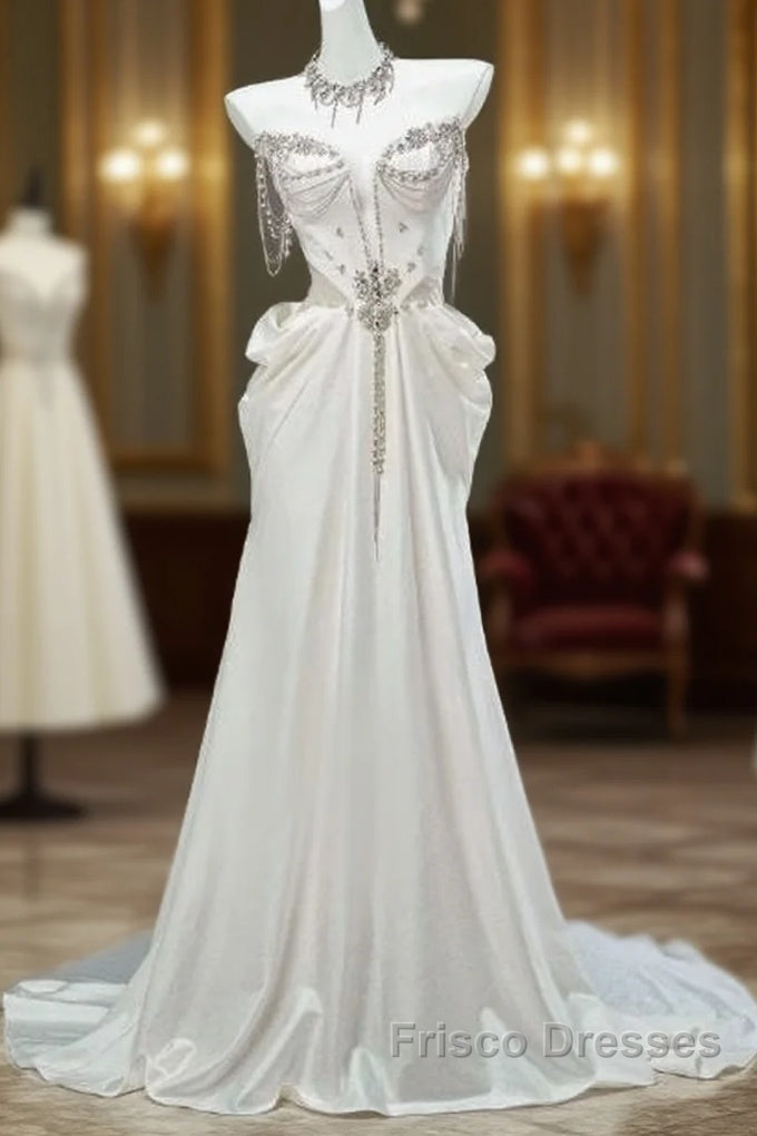White Satin A-Line Sweetheart Beaded Long Formal Prom Dress, Elegant Adult Ceremony Graduation Formal Prom Dress Main image
