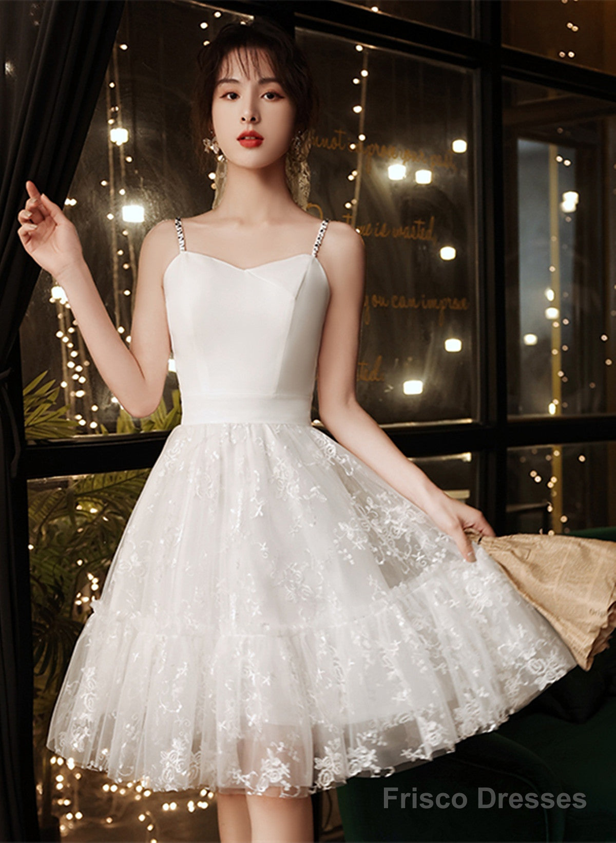 White Satin And Lace Straps Short Party Dress, White Lace Homecoming Dress Main image