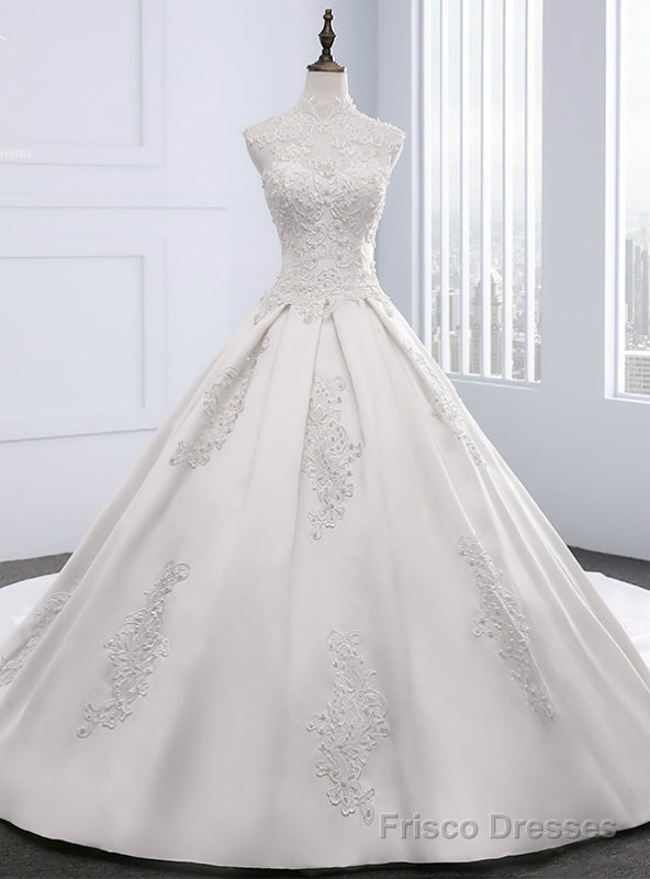 White Satin Appliques Pearls High Neck With Train Wedding Dress