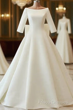 White Satin Backless 3/4 Sleeve Wedding Dress Party Formal Prom Dress