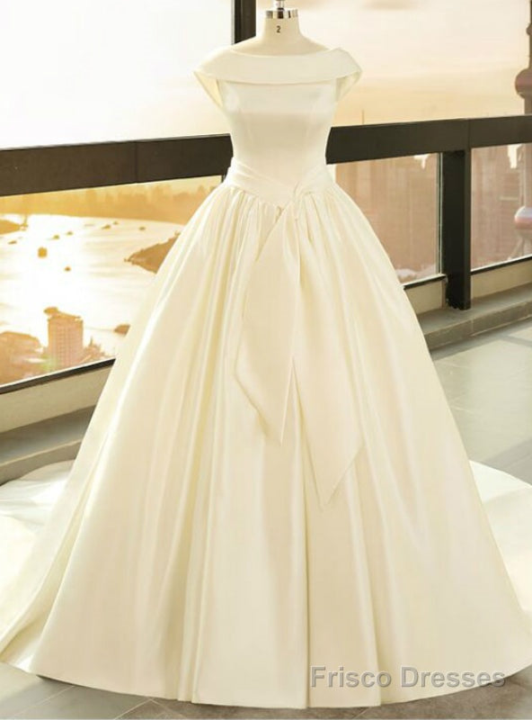 White Satin Bateau Backless Cap Sleeve Wedding Dress Main image
