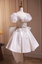 White Satin Beaded Knee Length Prom Dress, Cute A-Line Short Sleeve Party Dress With Bow
