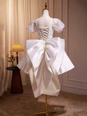White Satin Beaded Knee Length Prom Dress, Cute A-Line Short Sleeve Party Dress With Bow