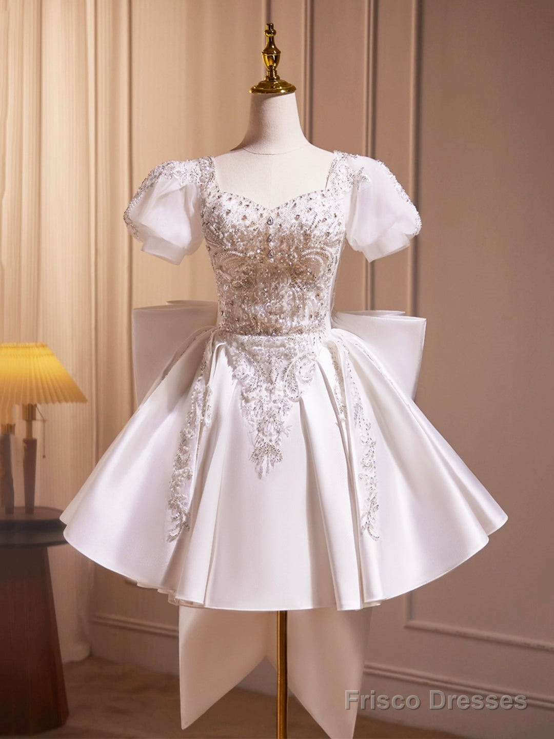 White Satin Beaded Knee Length Prom Dress, Cute A-Line Short Sleeve Party Dress With Bow Main image